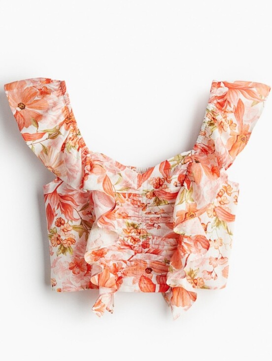 H&M Tops - H&M Linen Blend Floral Cropped Blouse Top Size L Ruched Resort Ruffle Flutter